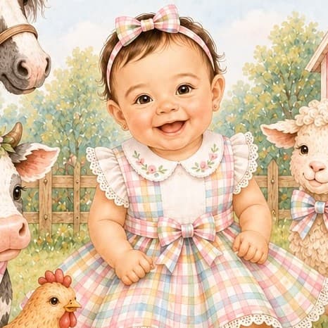 Ilustração da Beatriz sorrindo, de vestido xadrez, entre os bichinhos da fazenda