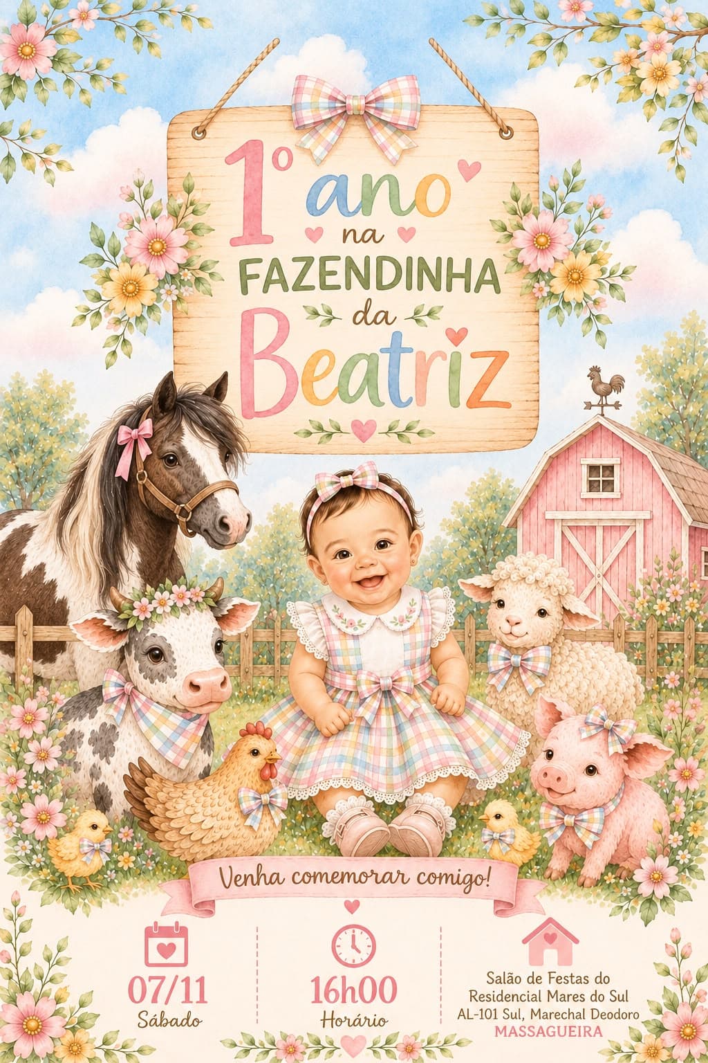 Convite: 1º ano na Fazendinha da Beatriz, sábado 07/11 às 16h00, Salão de Festas do Residencial Mares do Sul, Massagueira