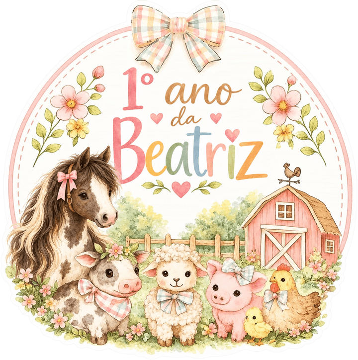 1º ano da Beatriz — selo com cavalinho, vaquinha, ovelha, porquinho, galinha e celeiro rosa
